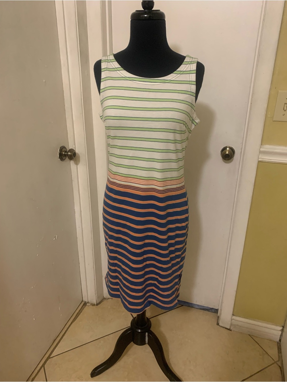 Columbia Striped Sleeveless Summer Dress in Green, Blue and Orange
